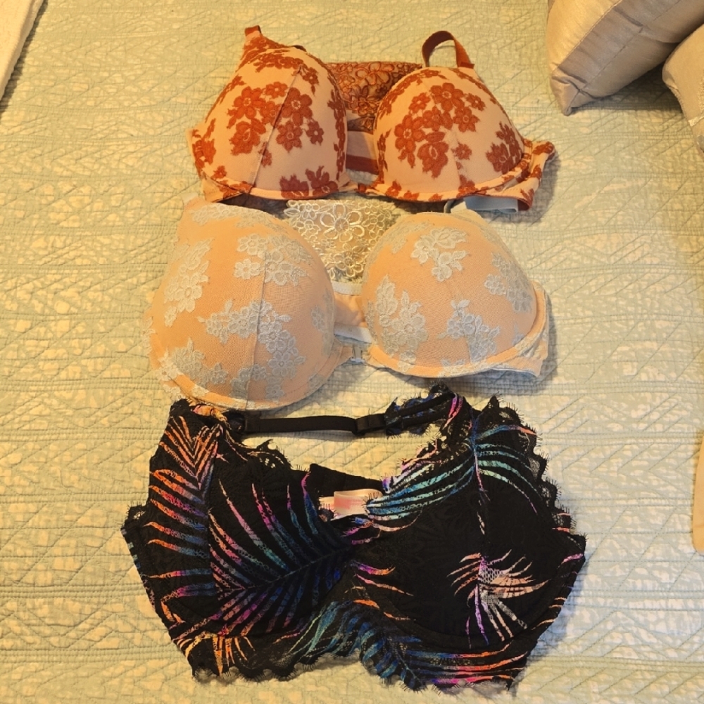 Victoria's Secret Lace Bra Trio, Deep Coral, Light Blue and Black